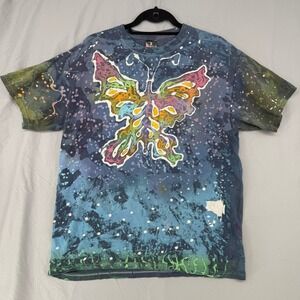 Hanes Beefy-T Butterfly Splatter Paint Tie Dye Graphic T-Shirt Blue Mens Large